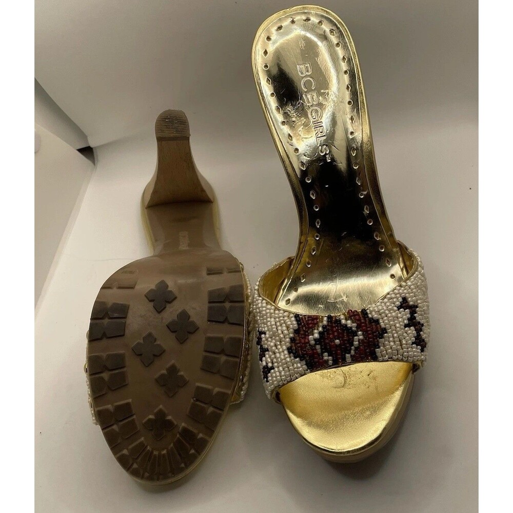 BCBG Beaded  Gold Vintage Y2K Woden Platform Heels Size 7 - Picture 4 of 6
